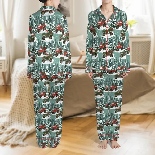 Boys Christmas Pajamas: Festive Monster Truck Snowy Forest Pattern - Family Holiday Sleep Set Satin Pajamas Set
