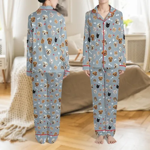 Women's Custom Pet Photo Nightgown: Dog & Cat Face Pattern with Paw & Heart Icons, Soft Cotton Feel Sleepwear Satin Pajamas Set