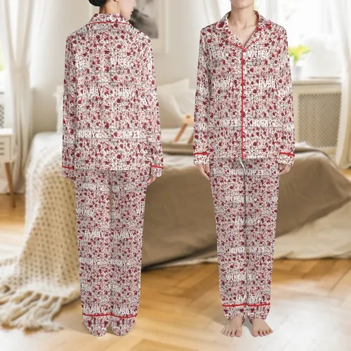 Personalized Hubby & Wifey Matching Pajama Set: Est. 2024 Floral Plaid Navy Pinks Satin Pajamas Set