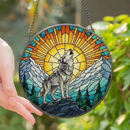 Nature Lovers' Stained Glass Wolf Mountain Sunrise Tiffany Style Jewel Tones Design Stained Glass Suncatcher