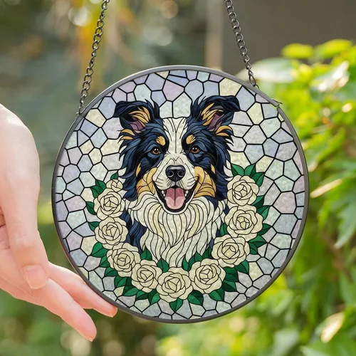 Border Collie Lovers' Intricate Stained Glass Border Collie Rose Wreath Mosaic Art Glowing Jewel Tones Stained Glass Suncatcher