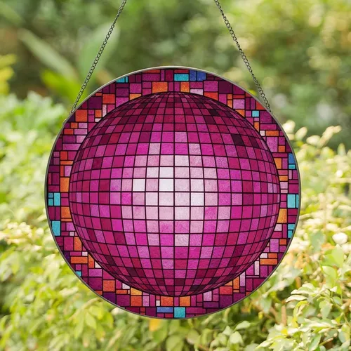 Art Lovers' Vibrant Tiffany Style Stained Glass Sphere Geometric Mosaic Magenta Violet Cyan Stained Glass Suncatcher