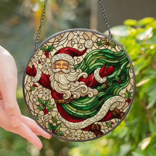 Holiday Enthusiasts' Glowing Stained Glass Santa Claus Festive Red Green Amber Mosaic Stained Glass Suncatcher