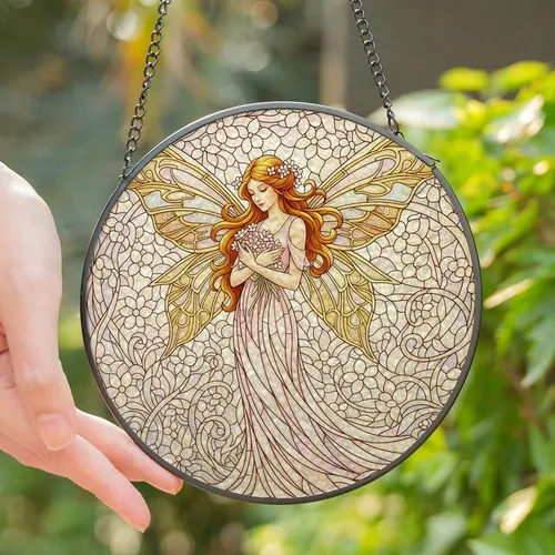 Women's Ethereal Tiffany Stained Glass Fairy Pink Gold Lavender Floral Mosaic Iridescent Wings Stained Glass Suncatcher