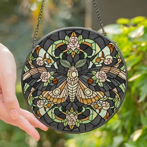 Art Lovers' Intricate Stained Glass Moth Rose Floral Mosaic Deep Charcoal Pink Amber Green Stained Glass Suncatcher