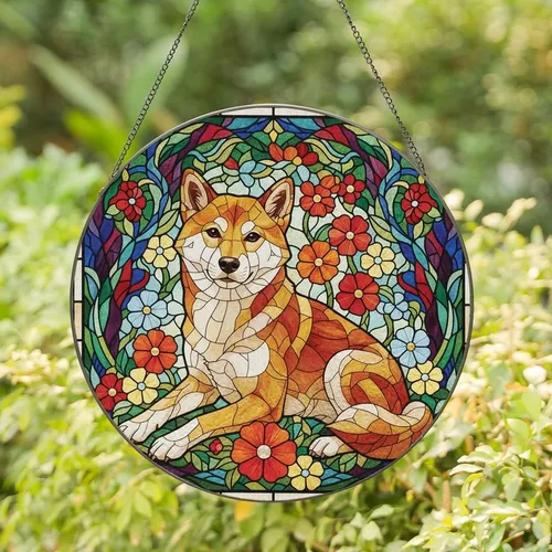 Shiba Inu Lovers' Vibrant Stained Glass Floral Mosaic Jewel Tone Pattern Stained Glass Suncatcher