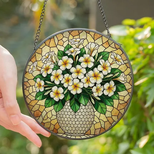 Women's Stained Glass White Plumeria Flower Bouquet Mosaic Dappled Light Art Stained Glass Suncatcher