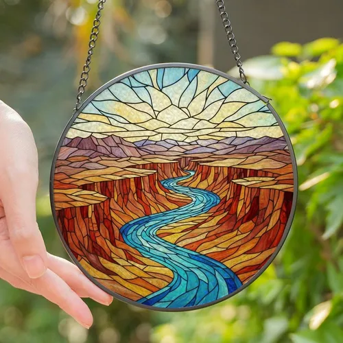 Nature Lover's Tiffany Style Stained Glass Canyon River: Vibrant Blue, Orange, Red Desert Mosaic Stained Glass Suncatcher