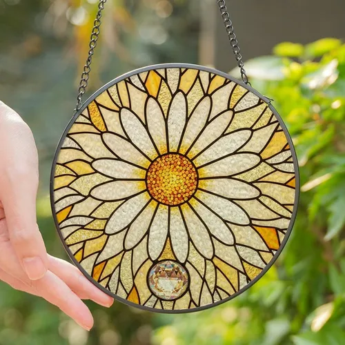 Nature Lovers' Tiffany Stained Glass Cream Daisy Golden Orange Center Rainbow Crystal Luminous Mosaic Stained Glass Suncatcher