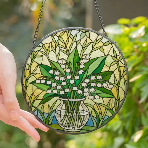 Nature Lovers' Tiffany Style White Lily of the Valley Emerald Green Jewel Tone Spring Floral Art Stained Glass Suncatcher