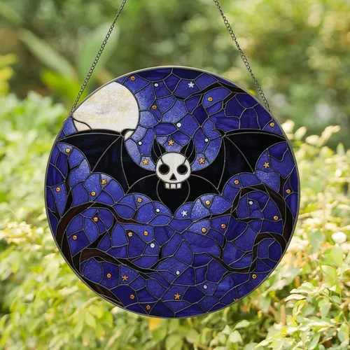 Mystical Art Lovers' Tiffany Stained Glass Bat Skull Deep Purple Amber Night Sky Stained Glass Suncatcher