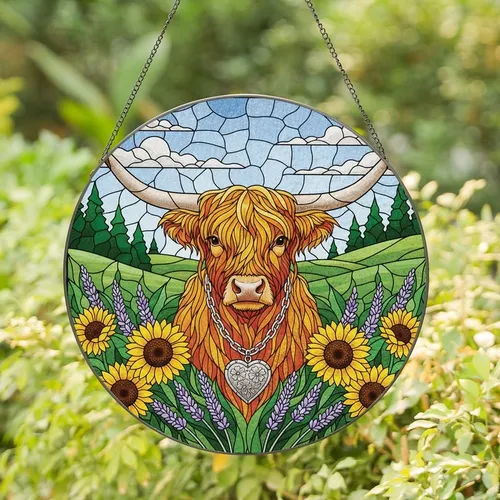 Countryside Charm Lover's Orange Gold Highland Cow Stained Glass Golden Sunflowers Lavender Hills Mosaic Stained Glass Suncatcher