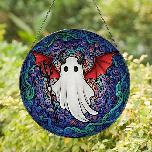 Fantasy Art Collectors' Tiffany Style Jewel Tone Ghost Devil Horns Bat Wings Trident Mystical Swirls Geometric Pattern Stained Glass Suncatcher