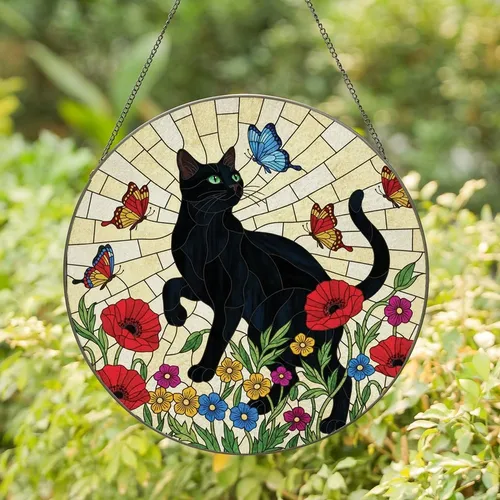 Stained Glass Art Lovers' Jewel Tone Black Cat, Butterfly, & Wildflower Mosaic Stained Glass Suncatcher