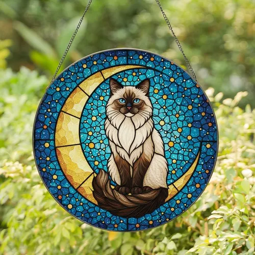 Cat Lovers' Tiffany Style Cream Feline Golden Moon Teal Celestial Stained Glass Art Stained Glass Suncatcher