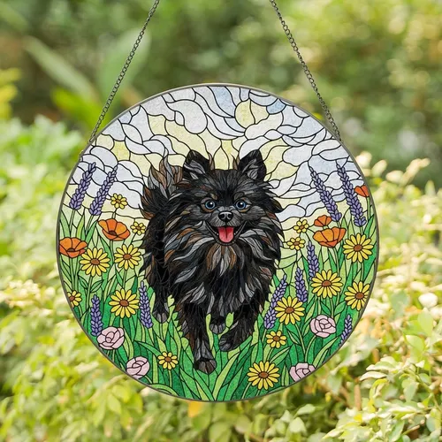 Pomeranian Lovers' Glowing Tiffany Stained Glass Black Pomeranian & Floral Mosaic Stained Glass Suncatcher