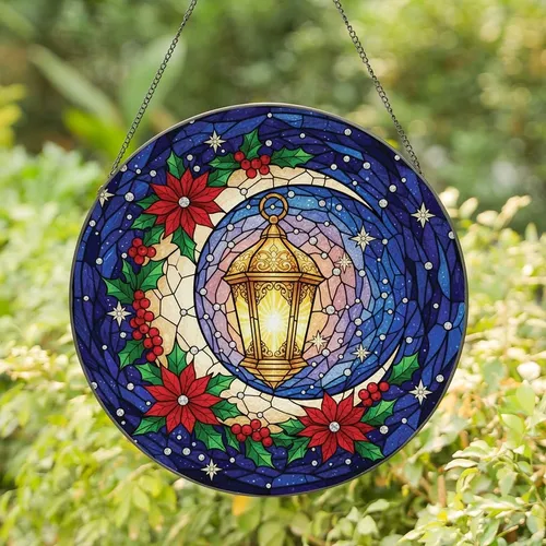 Celestial Art Lovers' Glowing Tiffany Stained Glass Lantern Moon Berries Poinsettia Jewel Tone Night Sky Stained Glass Suncatcher