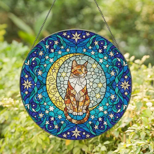 Cat Lovers' Jewel Tone Stained Glass Calico Cat Moon Celestial Star & Floral Mosaic Stained Glass Suncatcher