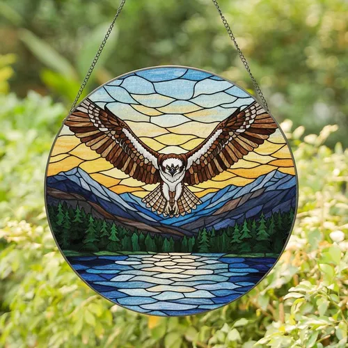 Wildlife Art Enthusiasts' Exquisite Tiffany Stained Glass Osprey, Jewel-Toned Mountain Lake Pine Forest Golden Sky Stained Glass Suncatcher