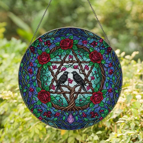 Mystic Art Lovers' Tiffany Stained Glass Pentagram, Ruby Roses, Emerald Vines & Amethyst Gems Stained Glass Suncatcher