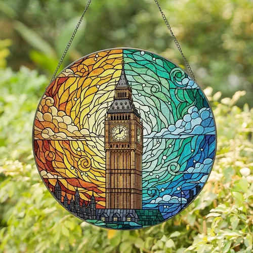 London Lovers' Majestic Big Ben Stained Glass Mosaic | Tiffany-Style Jewel Tones, Golden Amber & Emerald Sky Stained Glass Suncatcher