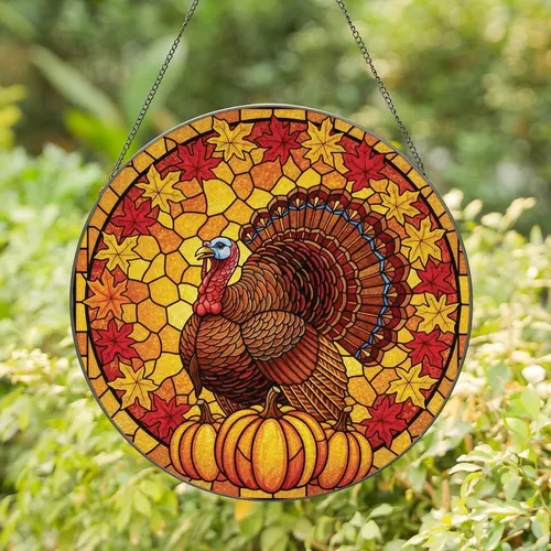 Autumn Enthusiasts' Radiant Golden Amber Stained Glass Turkey Harvest Design Stained Glass Suncatcher