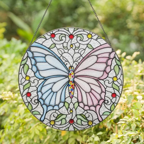 Art Lovers' 8K Tiffany Style Stained Glass Butterfly Mosaic, Blue Pink Green Jewel Tones, Floral Scrollwork Stained Glass Suncatcher