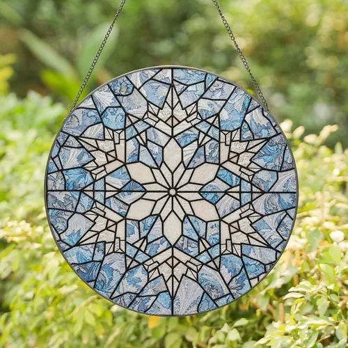Winter Art Lovers' Intricate Stained Glass Snowflake, Icy Blue Iridescent Pearl Pink Jewel Tones Mosaic Stained Glass Suncatcher