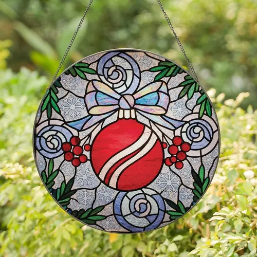 Art Lovers' Vibrant Stained Glass Christmas Ornament Iridescent Winter Frost & Berry Mosaic Stained Glass Suncatcher
