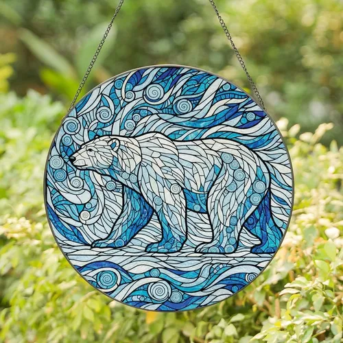Nature Lovers' Intricate Tiffany Stained Glass Walking Bear Azure Teal Jewel Tones Mosaic Stained Glass Suncatcher