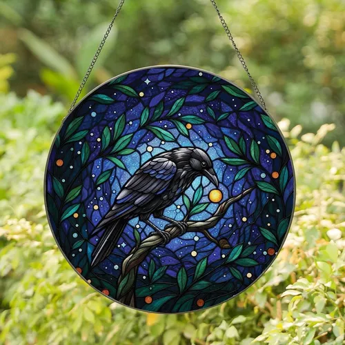 Art Enthusiasts' Tiffany Stained Glass Black Crow Amber Berry Intricate Jewel Tone Mosaic Stained Glass Suncatcher
