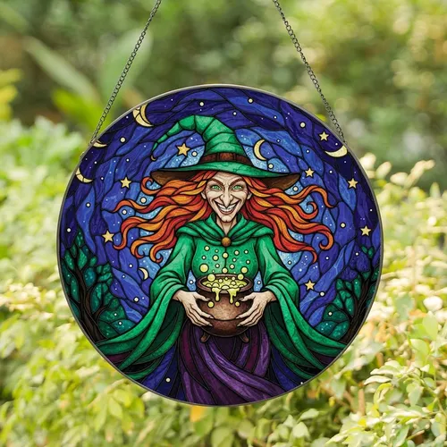 Fantasy Lovers' Stained Glass Art Grinning Witch Cauldron Vibrant Green Orange-Red Jewel Tones Night Sky Mosaic Stained Glass Suncatcher