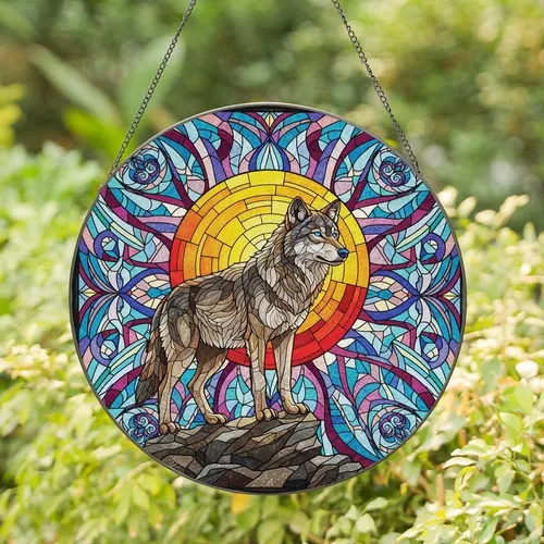 Nature Lovers' Majestic Gray Wolf Stained Glass Art, Jewel Tone Geometric Mosaic & Intricate Black Lead Lines Stained Glass Suncatcher