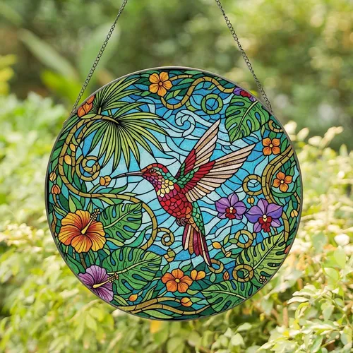 Nature Lovers' Vibrant Jewel Tone Hummingbird Stained Glass Tropical Blossom Mosaic Stained Glass Suncatcher