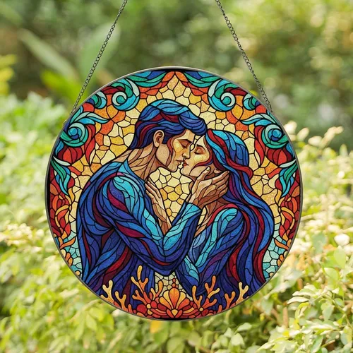 Romantic Partners' Organic Stained Glass Kiss Embrace, Glowing Tiffany Jewel Tones Art Stained Glass Suncatcher