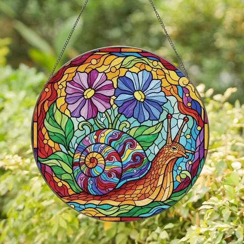Art Lovers' Vibrant Stained Glass Snail Floral Mosaic Jewel Tone Intricate Pattern Stained Glass Suncatcher