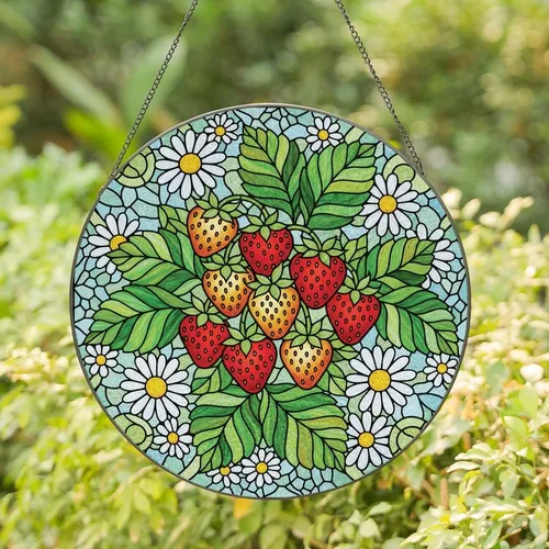 Art Lovers' Jewel Tone Tiffany Stained Glass Strawberry Daisy Floral Mosaic Design Stained Glass Suncatcher