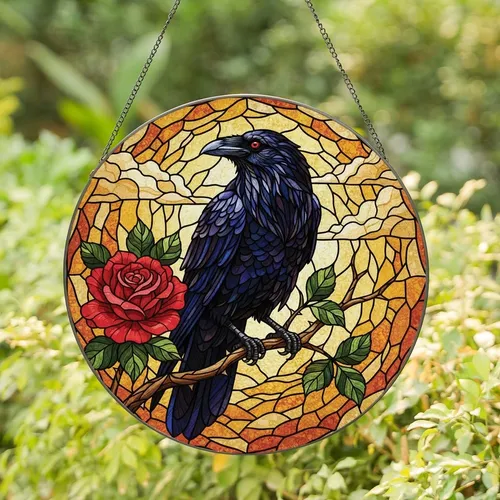 Gothic Style Aficionados: Stained Glass Raven & Red Rose, Thorny Branch, Jewel Tone Mosaic Art Stained Glass Suncatcher
