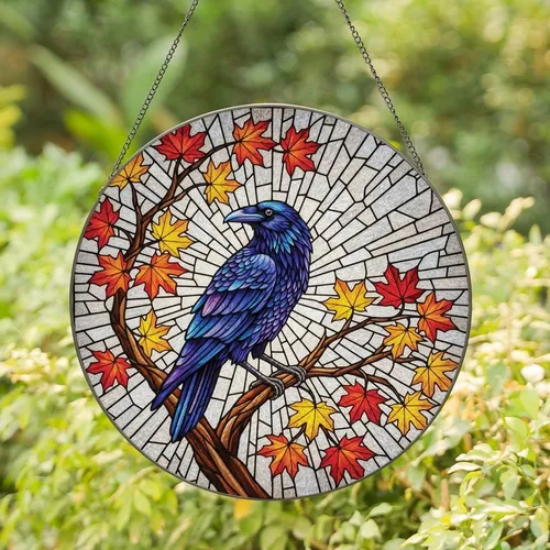 Nature & Art Lovers' Edge-to-Edge Tiffany Stained Glass Raven Autumn Maple Leaves Deep Blue Purple Orange Stained Glass Suncatcher