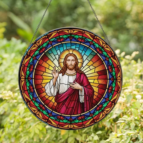 Spiritual Art Enthusiasts' Tiffany Style Jesus Christ Blessing Radiant Mosaic Golden Halo Amber Blue Stained Glass Suncatcher