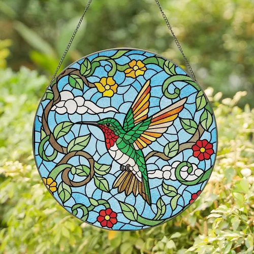 Nature Lovers' Tiffany Stained Glass Ruby Hummingbird Emerald Red Orange Floral Sky Art Stained Glass Suncatcher