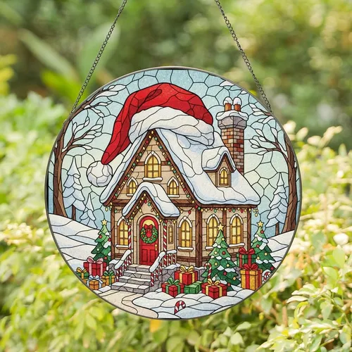 Christmas Enthusiasts' Whimsical Snowy Stained Glass House, Radiant Reds & Greens, Intricate Golden Winter Mosaic Stained Glass Suncatcher