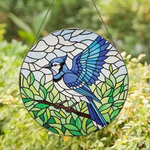 Nature Lovers' Jewel Tone Stained Glass Blue Jay Emerald Leaves Swirling Sky Mosaic Stained Glass Suncatcher