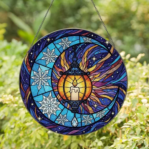 Celestial Art Lovers' Intricate Tiffany Stained Glass Crescent Moon Cosmic Mosaic Jewel Tones Stained Glass Suncatcher