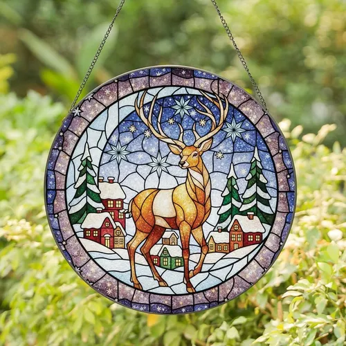 Nature Lovers' Elegant Tiffany Stained Glass Majestic Deer Winter Village Amber Red Blue Mosaic Stained Glass Suncatcher