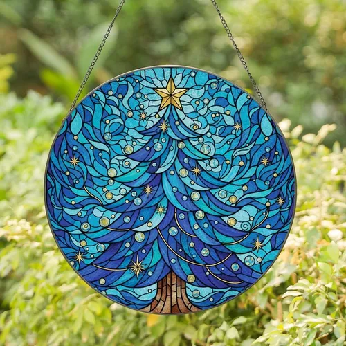 Christmas Lovers' Jewel-Toned Tiffany Stained Glass Blue Teal Golden Christmas Tree Art Stained Glass Suncatcher