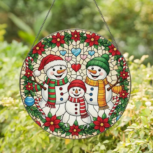 Festive Family Vibrant Stained Glass Snowmen Holiday Mosaic with Red Green Blue Yellow Jewel Tones Stained Glass Suncatcher