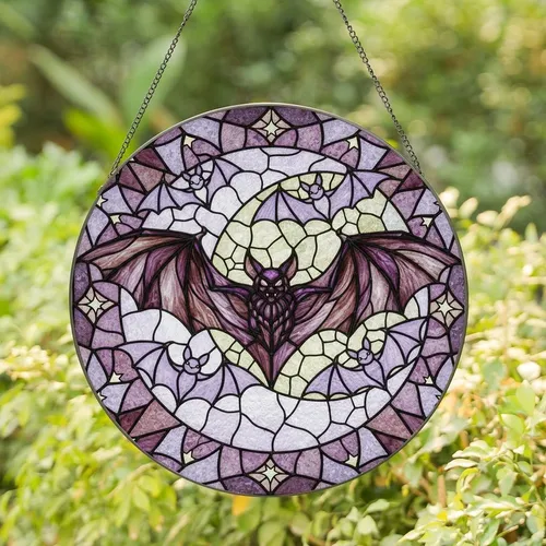 Gothic Style Enthusiasts' Tiffany Style Stained Glass Bat Moon Deep Violet Lavender Stained Glass Suncatcher