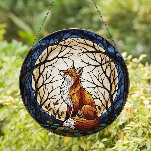 Wildlife Enthusiasts' Jewel Tone Stained Glass Red Fox, Moonlit Branches & Luminous Full Moon Art Stained Glass Suncatcher