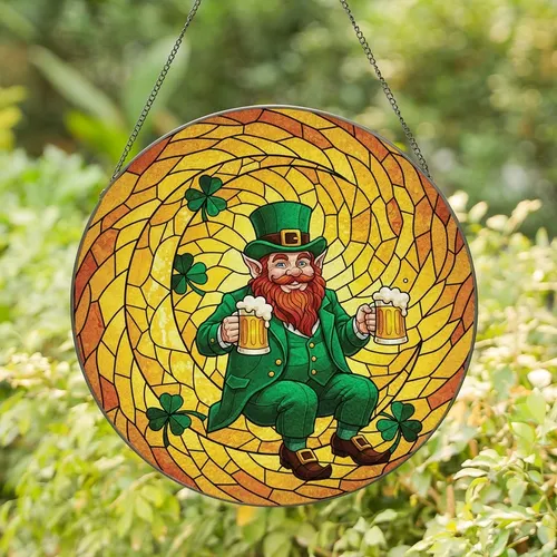 St. Patrick's Day Celebrators Jovial Leprechaun Moon Shamrocks Stained Glass Art, Emerald Gold Amber Jewel Tones Stained Glass Suncatcher